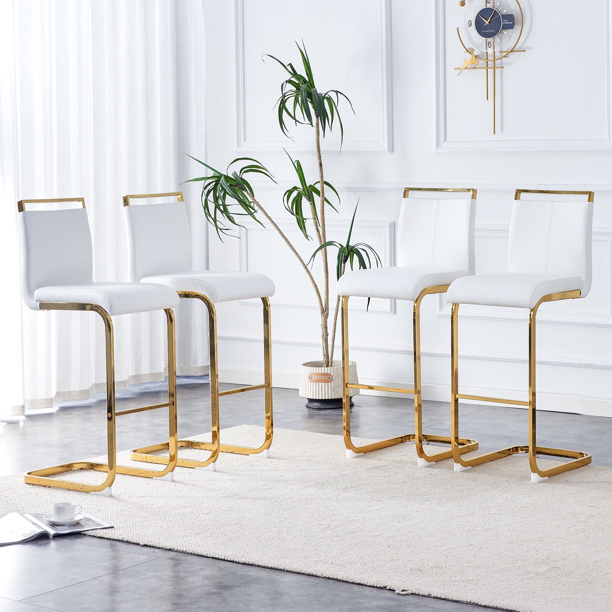 Lecut 30" Counter Height Bar Stools Set of 4, Modern Upholstered PU Leather Bar Stools with Back and Gold Chrome Plated Metal Frame, Armless Bar Chairs for Kitchen Island (White+Gold)