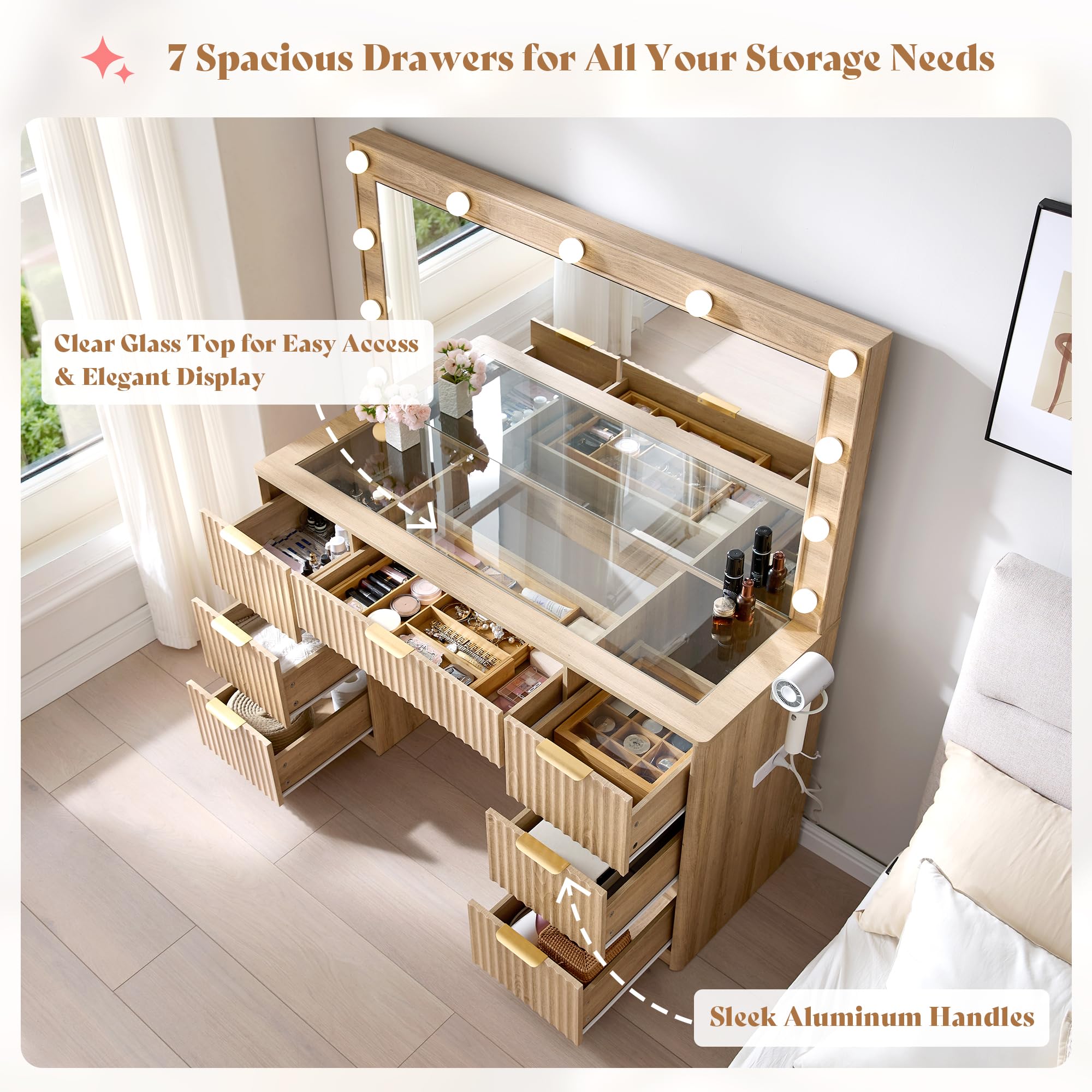 Merluxy 47.2" Girls Vanity Desk with Large Mirror and Adjustable LED Lights, 7 Drawers Makeup Table with Glass Top and Charging Station, Oak