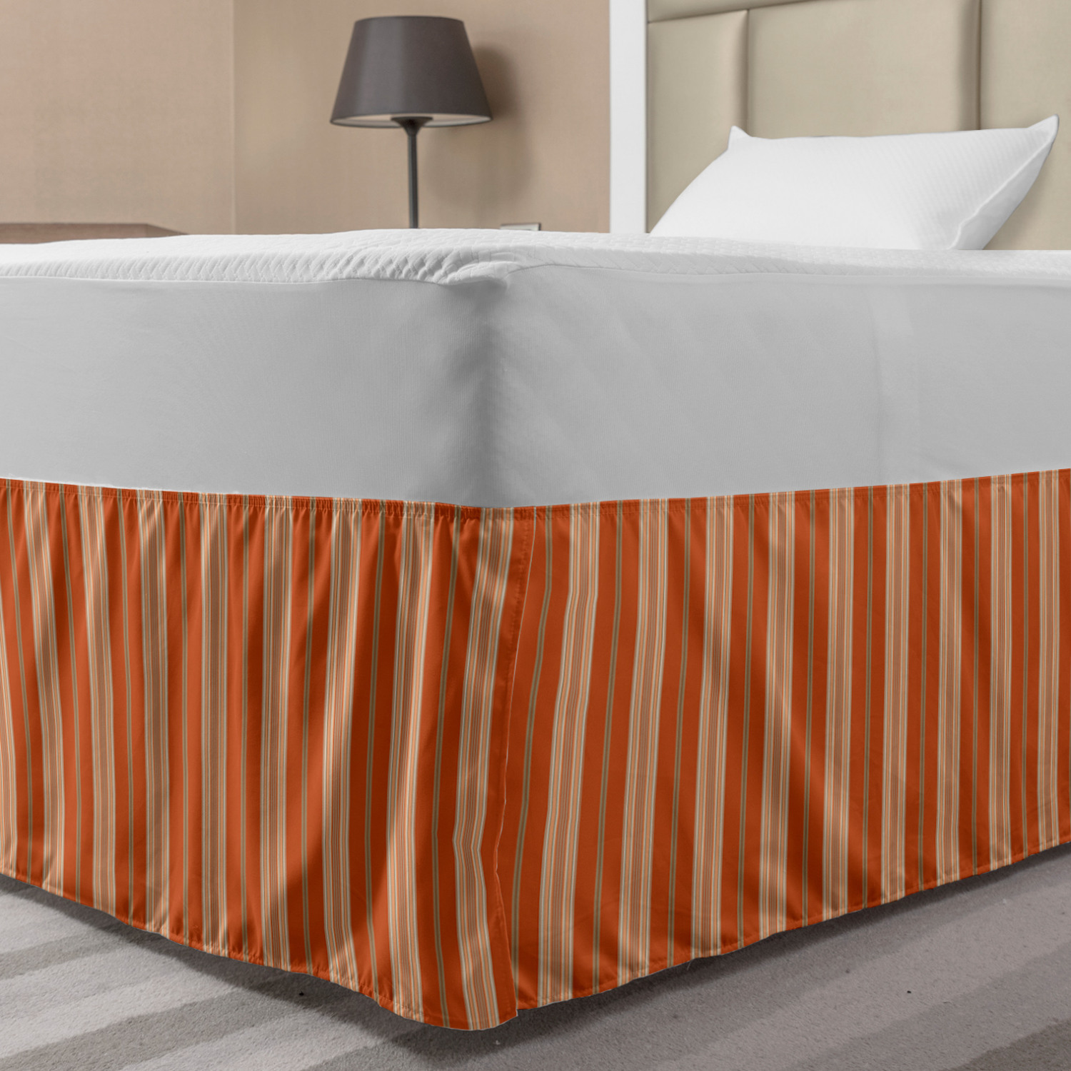 Burnt Orange Bed Skirt, Retro Themed Illustration of Earth Tones Stripes Geometric Simple Design