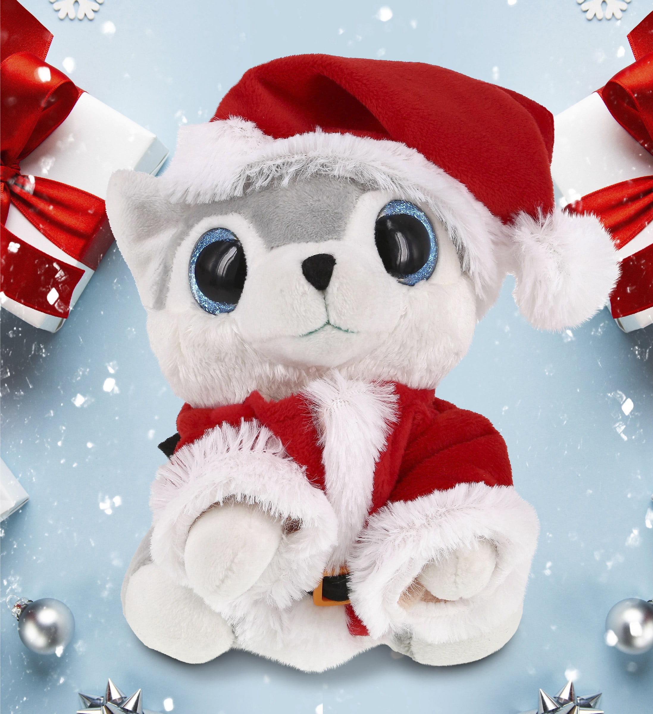 DolliBu Santa Sparkle Eyes Wolf Stuffed Animal Plush Toy - Super Soft Dress Up with Red Santa Claus Outfit, Cute Wildlife Holiday Christmas Gift - 8 Inches