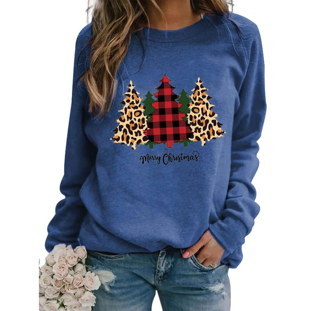 LUXUR Chandail pour Femmes à Col Rond, Chandail, T-shirt de Noël, Blouse de Festival, Hauts à Manches Longues, Bleu, P