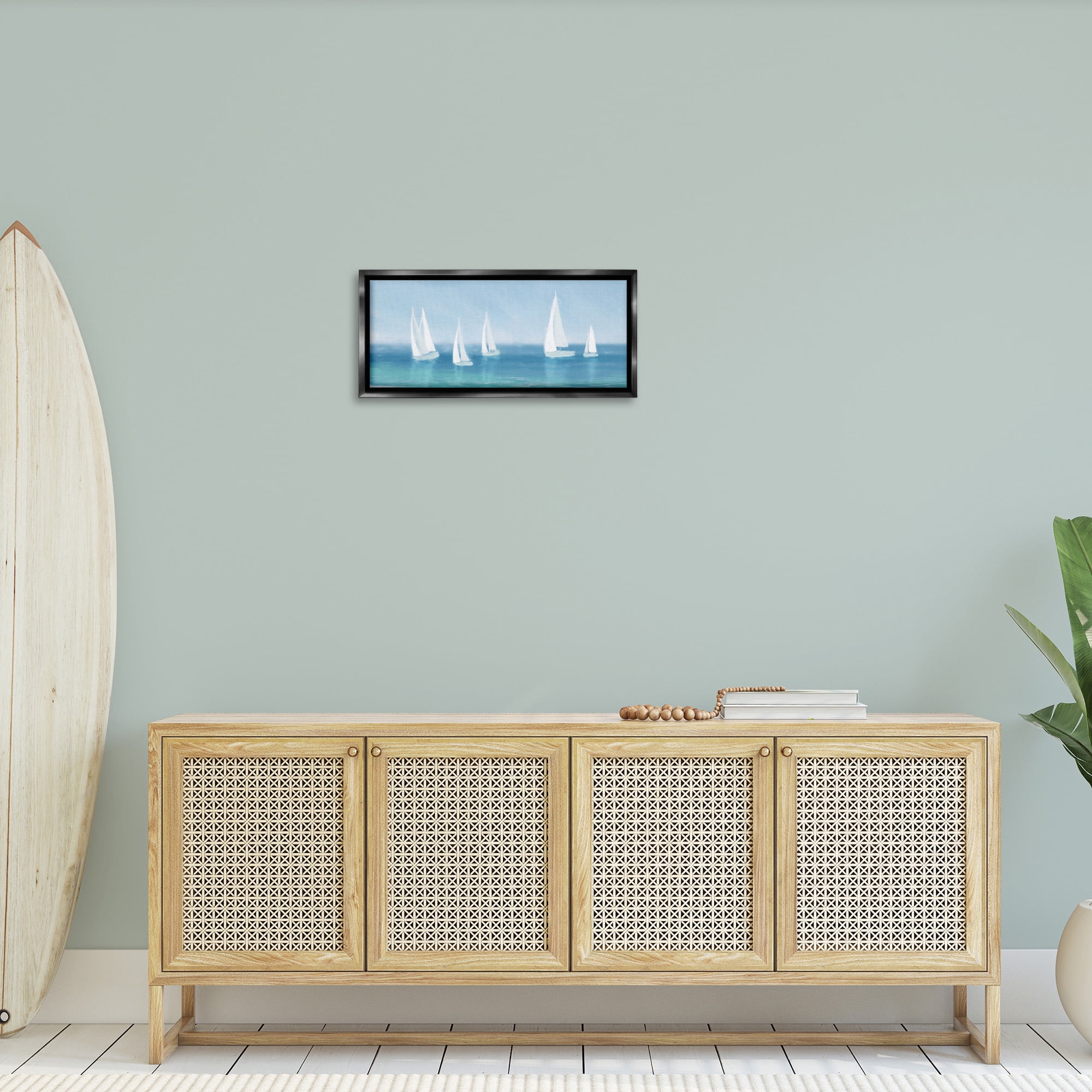 Stupell Industries White Sail Boats Across Coast Nature Painting Black Floater Framed Canvas Art Print Wall Art, 25 x 11