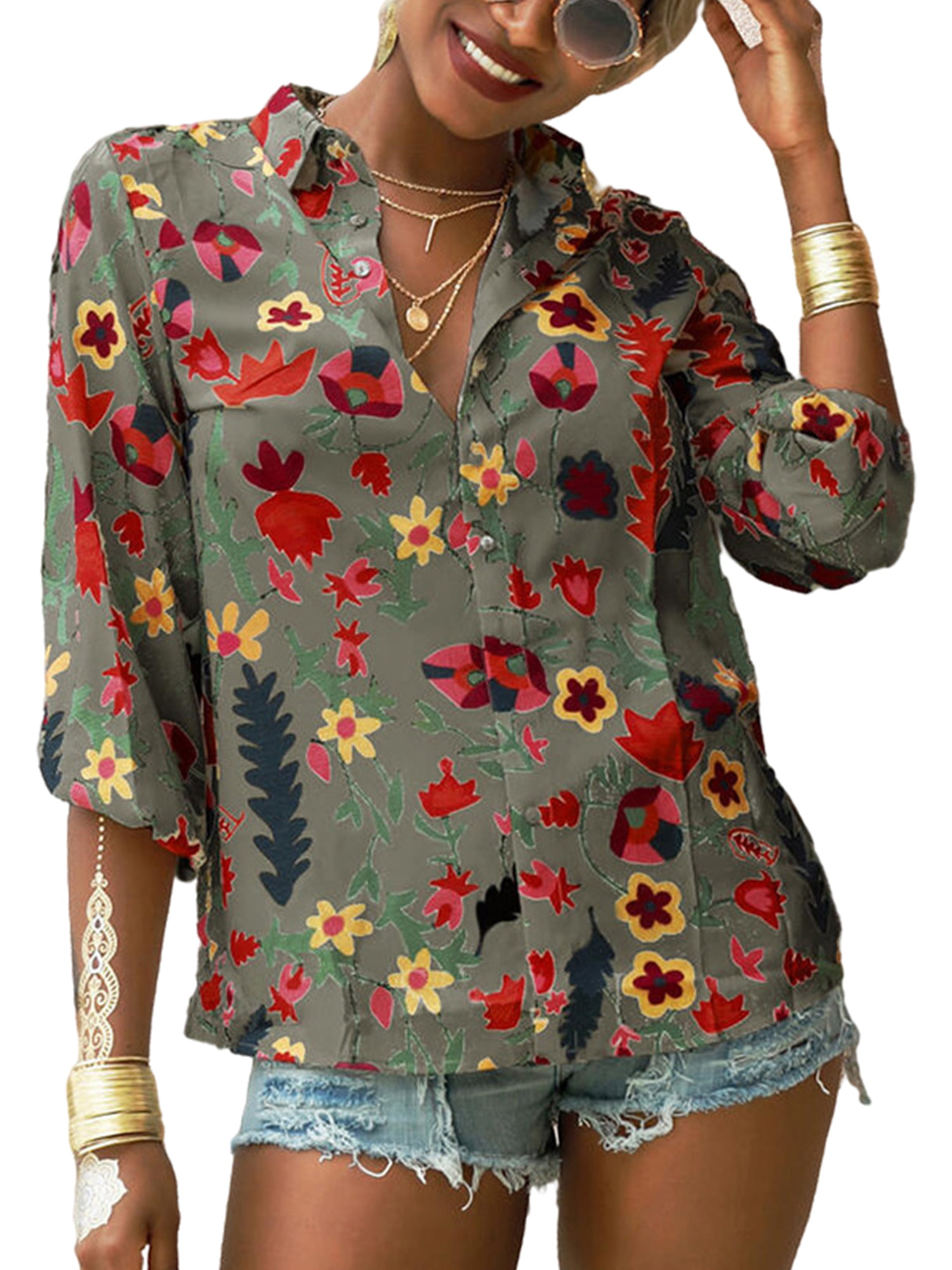 Womens Floral Print Lapel Button T-Shirt Lady Office Tops Shirts Blouse Jumper