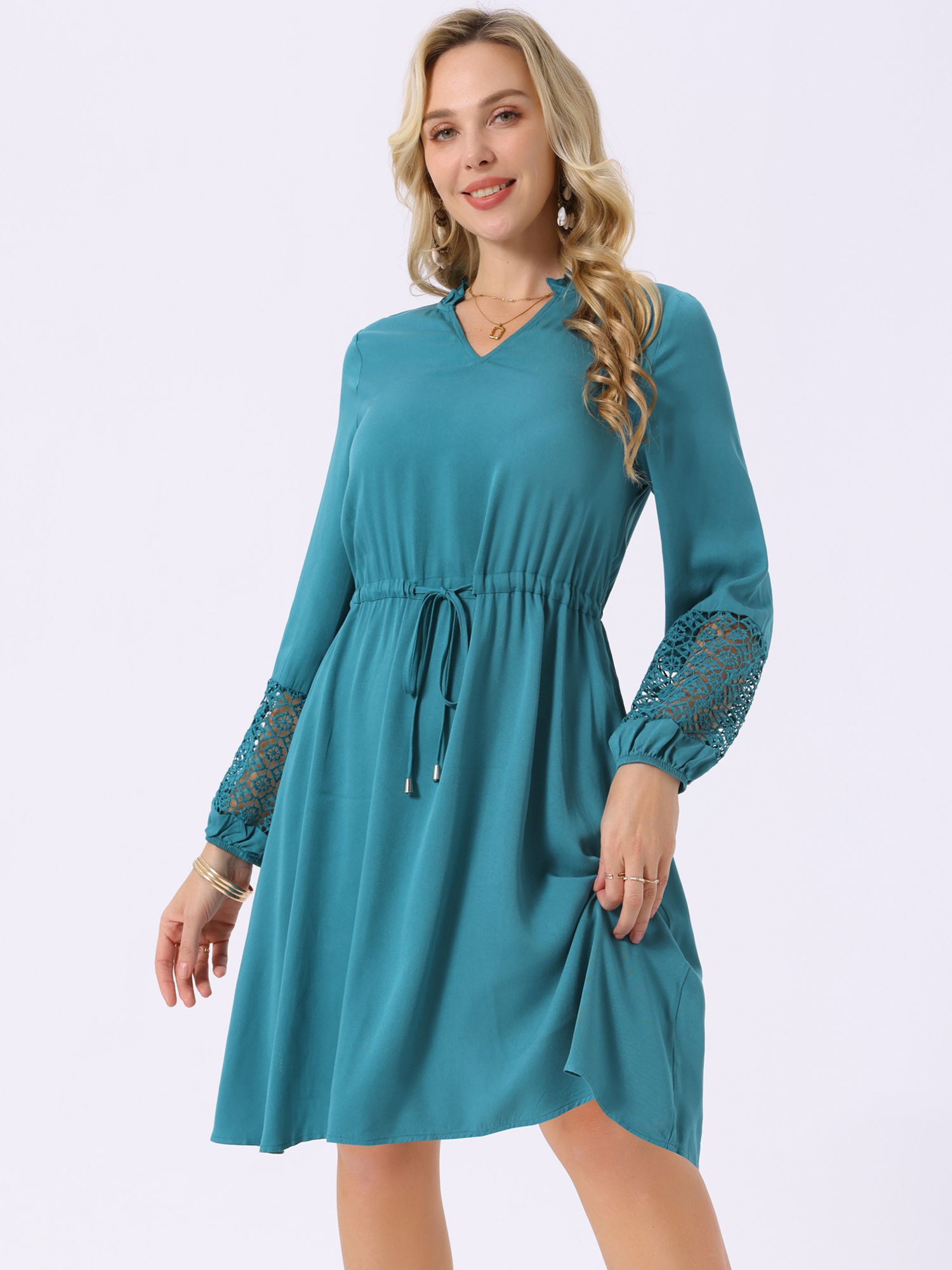 DARING DIVA Long Sleeve Ruffle V Neck Drawstring Waist Dress S Lake Green