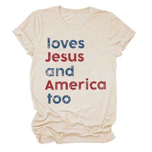 Camiseta patriótica para mujer del 4 de julio: estampado «Loves America Too», cuello redondo, top informal de verano - S-XXXL