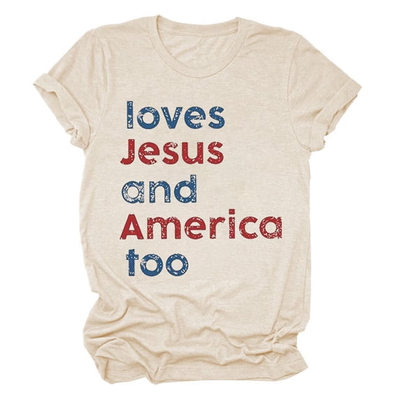 Camiseta patriótica para mujer del 4 de julio: estampado «Loves America Too», cuello redondo, top informal de verano - S-XXXL