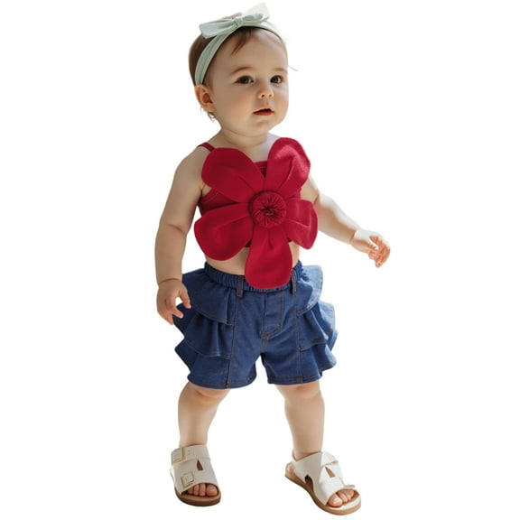 BemeyourBBs Girl Summer Clothes Flower Front Camisole Tiered Denim Shorts