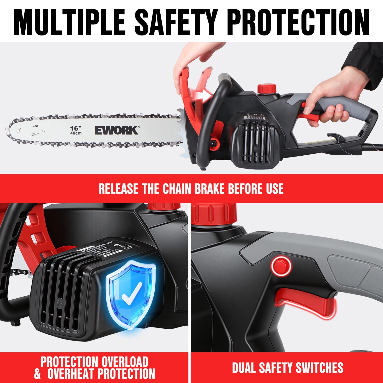 EWORK Electric Chainsaw Corded 16-Inch 15 Amp Electric Chain Saws, Corded Chainsaw with Tool-Free Chain Tension, Auto Oiling, Low Kickback, Electric Chainsaw for Tree Cutting, Pruning, Firewood