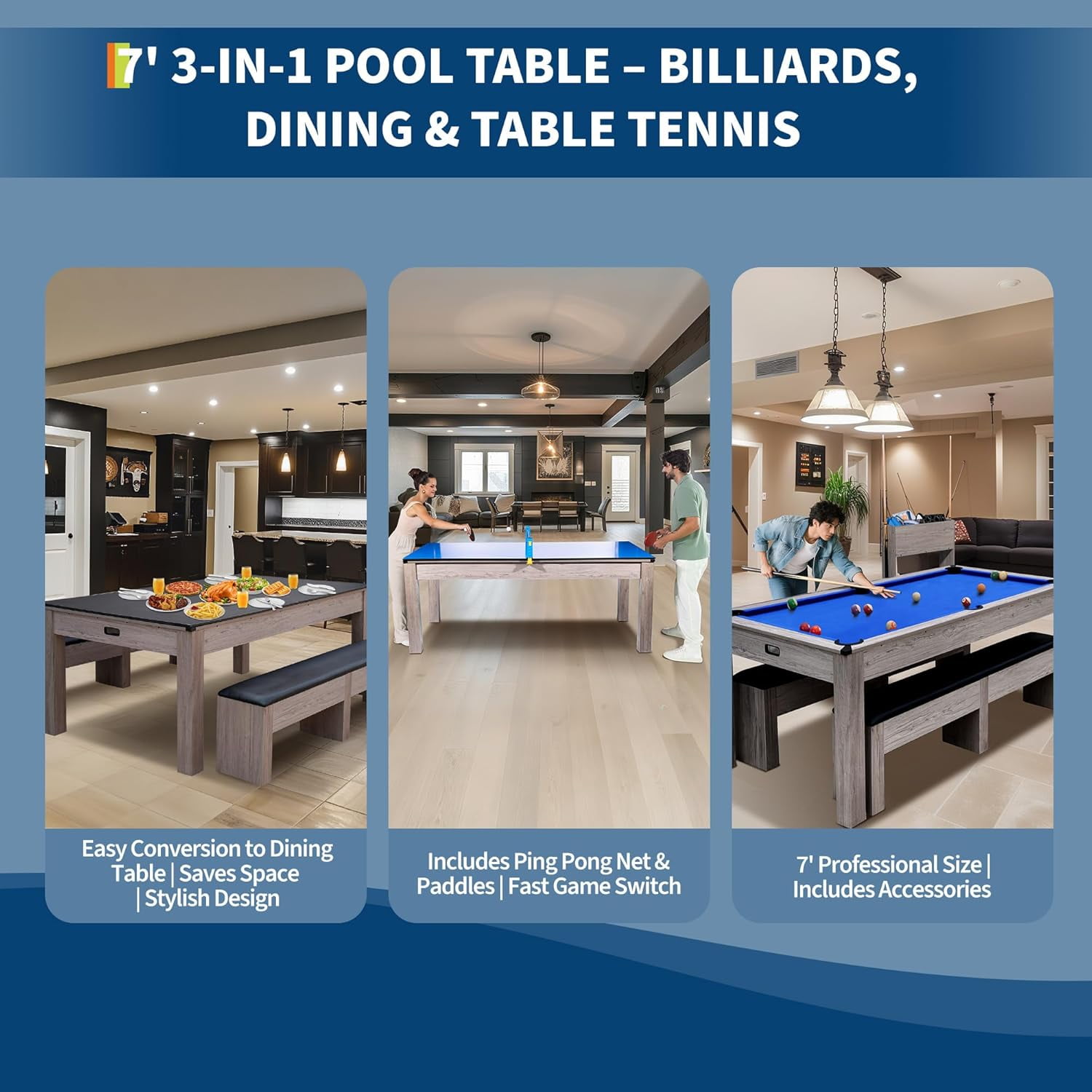 Acekid Pool Table 7FT 3-in-1 Dining Top Table Tennis Complete Set Cues Balls Ping Pong Paddles Net Rolling Storag