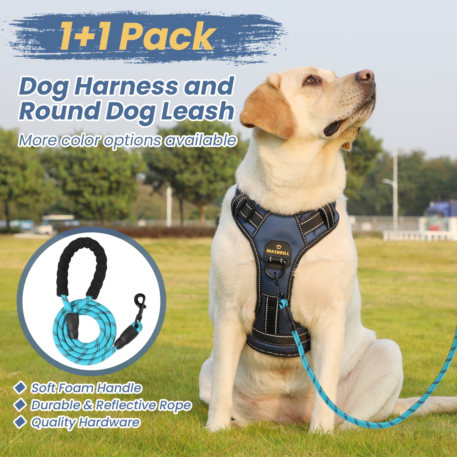 MASBRILL Dog Harness and Leash Set, No Pull Vest Harness, Reflective Adjustable Soft Padded Pet Harness with Handle for Small to Large Dogs
