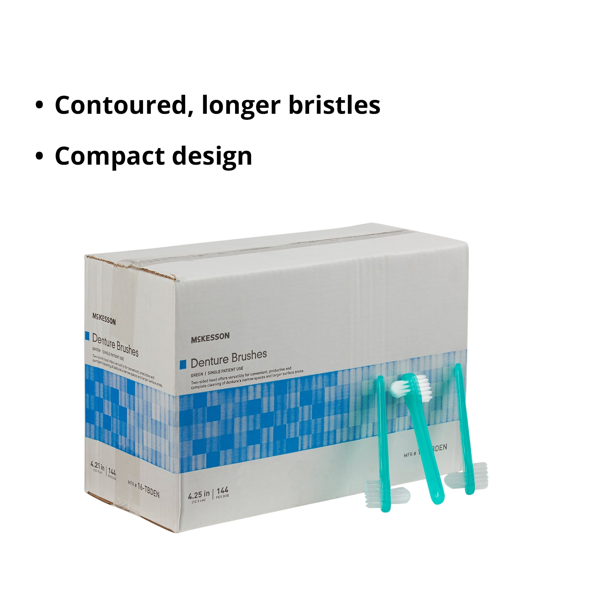 McKesson Denture Brushes, Two-Sided - Green, 4.25 in L, 144 Ct