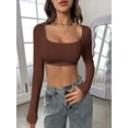thumbnail image 2 of Women's Slim Fit Crop Tops Long Sleeve Scoop Neck Solid Color Stretchy T-Shirt Workout Tops, 2 of 8