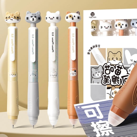 Cute Cat Erasable Gel Pen 0.5mm Retractable Black Blue Ink Kawaii Office Supply
