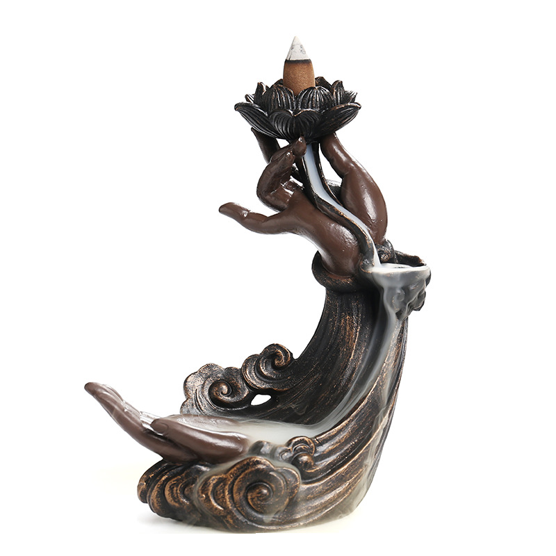 Resin Buddha Hand Backflow Incense Burner Creative Lotus Zen Bergamot Waterfall Smoke Reflux Incense Fragrance Holder Home Ornaments, Brown