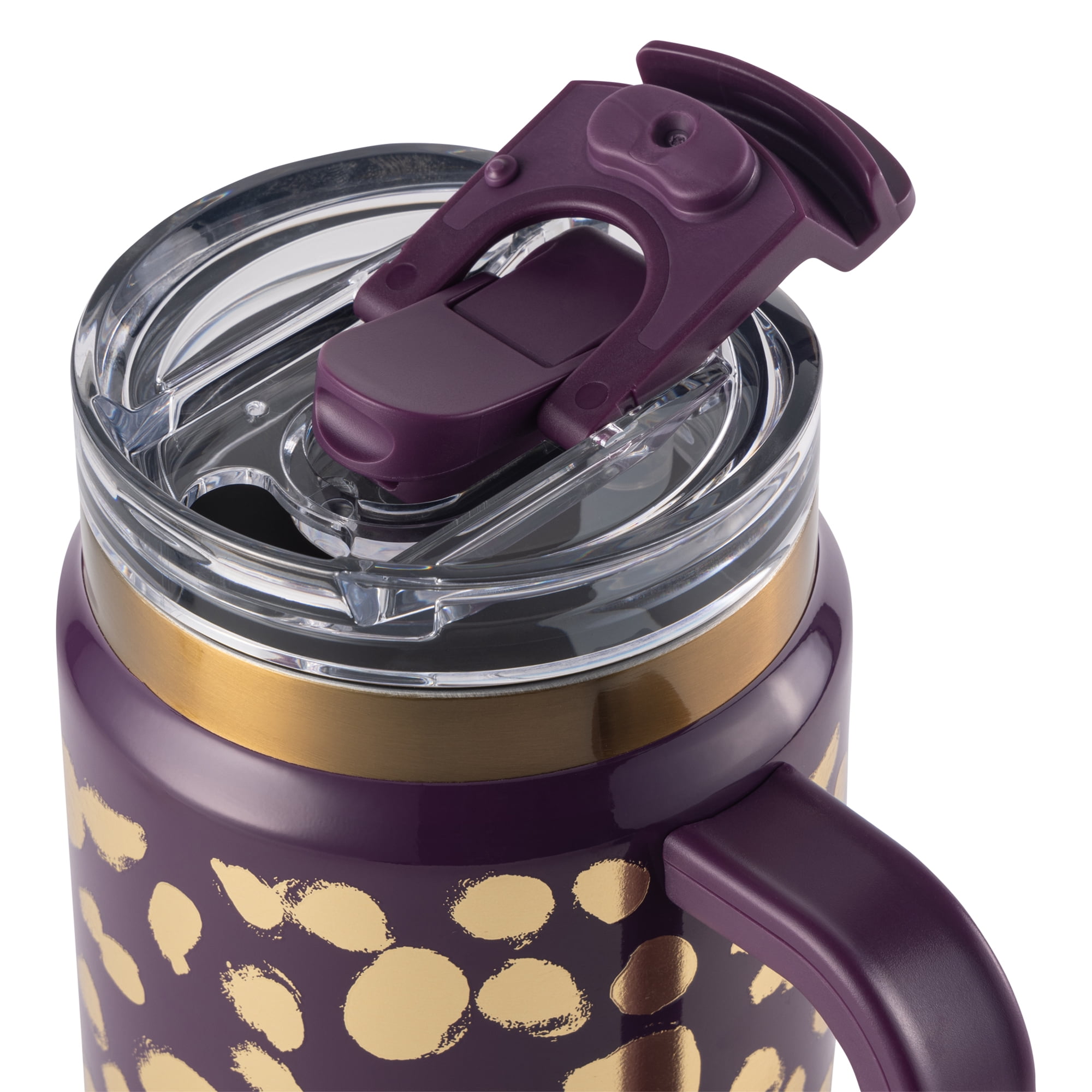 Thyme & Table 32 fl oz Stainless Steel Luna Tumbler with Handle and Dual Straw Lid, Purple & Gold Dot