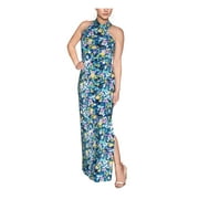 RACHEL RACHEL ROY Womens Blue Pleated Zippered Slitted Crisscross Lined Floral Sleeveless Halter Maxi Sheath Dress XL