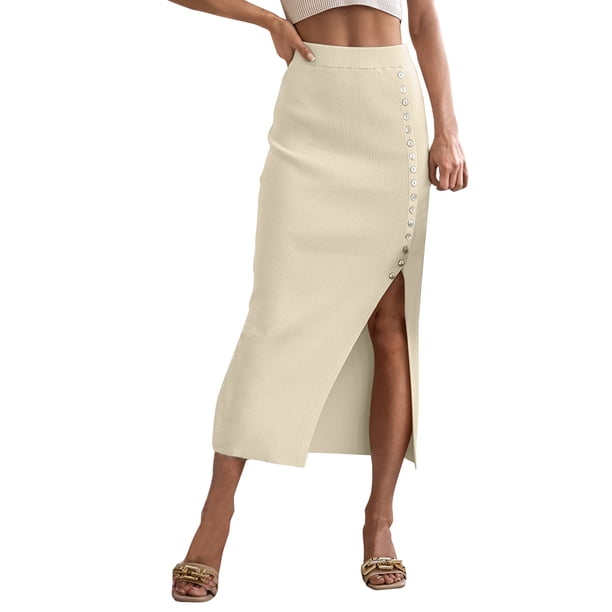 Gibobby faldas largas de mujer casuales Falda midi de lápiz de cintura alta sólida con ribete de lechuga elegante para mujer(Amarillo, M)