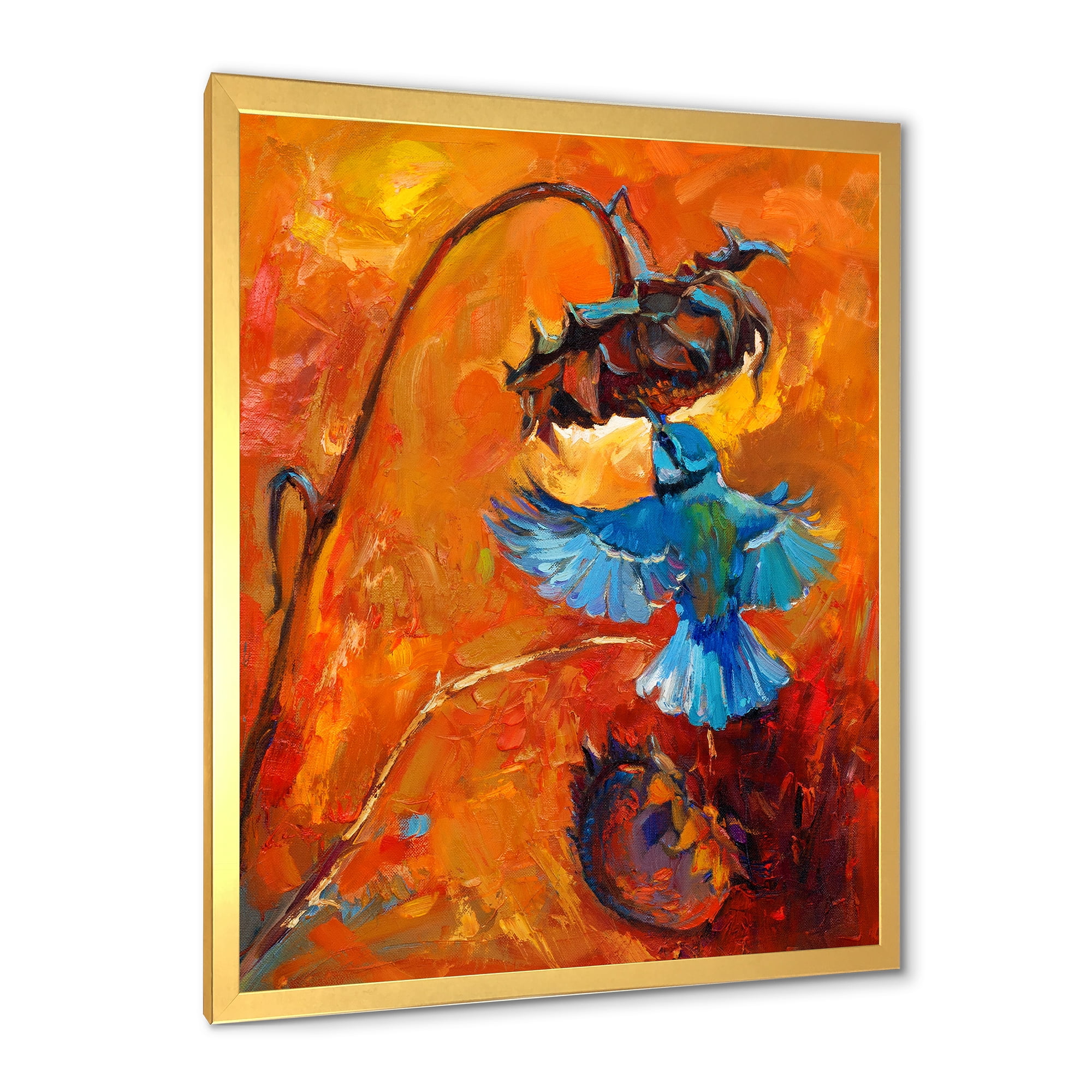 Designart 'Blue Hummingbird On Orange Sunflower' Traditional Framed Art Print
