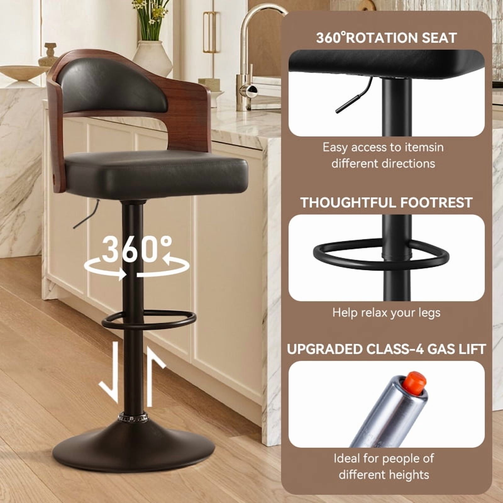 MOONMISS Swivel Bar Stools Set of 2, Wooden Kitchen Bar Chairs with Back, PU Leather Counter Height Barstools for Kitchen Island,