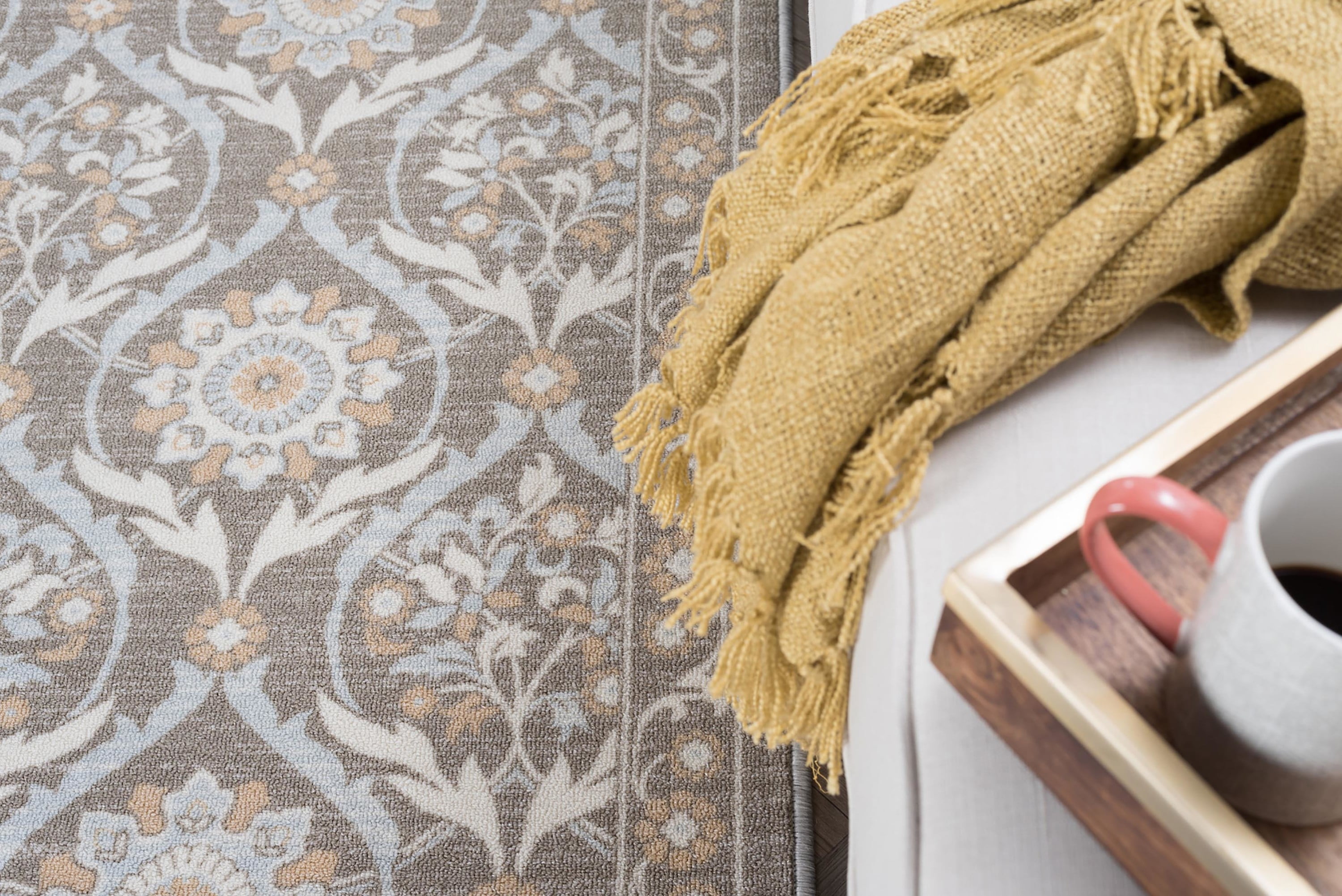 Transitional 5x7 Area Rug (5' x 7') Floral Taupe, Gold Living Room Easy to Clean