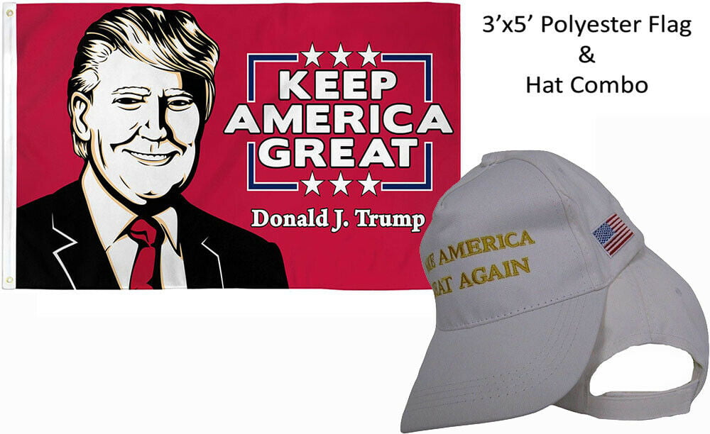 3'x5' Trump Keep America First Red Flag & Trump 2020 Keep America Great Navy Hat 