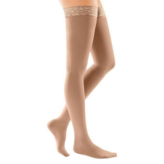 mediven comfort 30-40 mmHg Thigh High w/Lace Silicone Top Band Closed Toe Compression Stockings, Natural, III-Petite