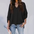 thumbnail image 2 of Blusa de manga larga para mujer Cuello en V Dobladillo irregular Diseño dividido Ajuste holgado Color sólido Top informal Negro L, 2 of 6