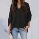 thumbnail image 2 of Blusa de manga larga para mujer Cuello en V Dobladillo irregular Diseño dividido Ajuste holgado Color sólido Top causal Negro M, 2 of 6