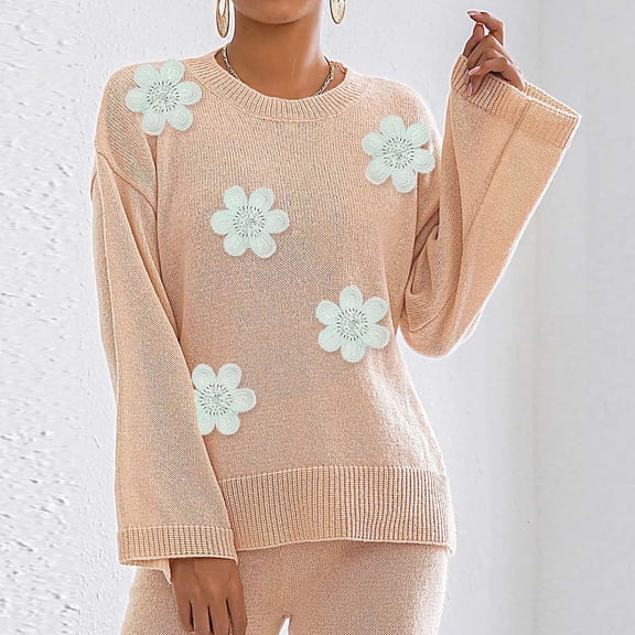 YueHuiYing Women's Casual Solid Color Flower Round Neck Fashion Long Sleeved Pullover Sweater Top
