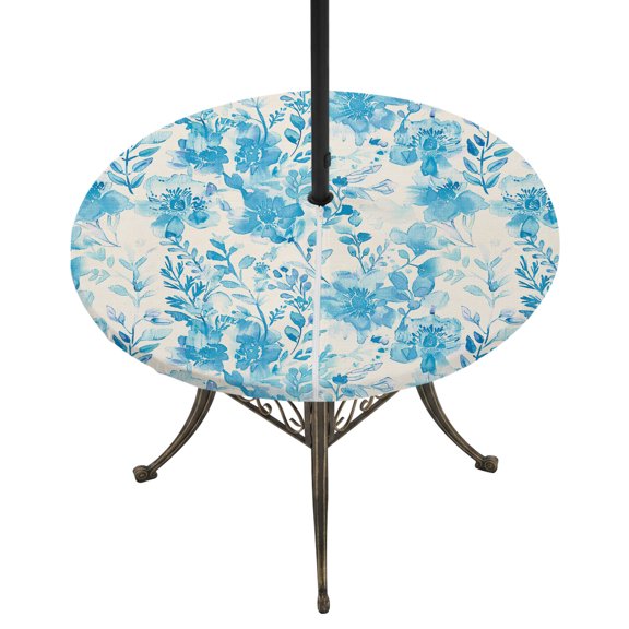 Outdoor Tablecloth with Umbrella Hole and Zipper Watercolor Flower Round Fitted Table Cover with Elastic Waterproof Turquoise Floral Plant Patio Tablecloths for Picnic BBQS Garden Party Fit 45"-54"