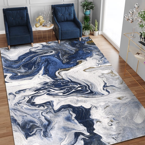 Allstar Rugs 5' 0" x 6' 11" Gainsboro Grey Modern Abstract Themed Polyester Area Rug with a Steel Blue Viscose Fluid Mixture Design and Gold Accents. Machine-Made in Turkey.