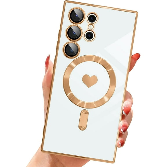 Magnetic Case for Samsung Galaxy S24 Ultra,[Compatible with MagSafe] [Camera Lens Protection] Cute Love Heart Design Scratch Resistant Soft TPU Protective Case for Women Girls 6.8"-White