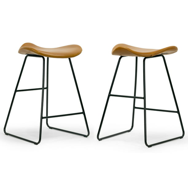 Set Of 2 Aoi Brown Faux Leather, Metal And Leather Backless Counter Stools