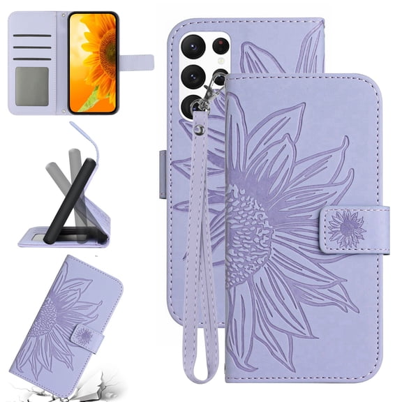 Slim Wallet Case for Samsung Galaxy S26 Ultra Men Women,Sunflower Embossed Pattern PU Leather Flip Cover Magnetic Closure RFID Blocking Card Slots Stand Phone Case with Hand Strap,Lightpurple