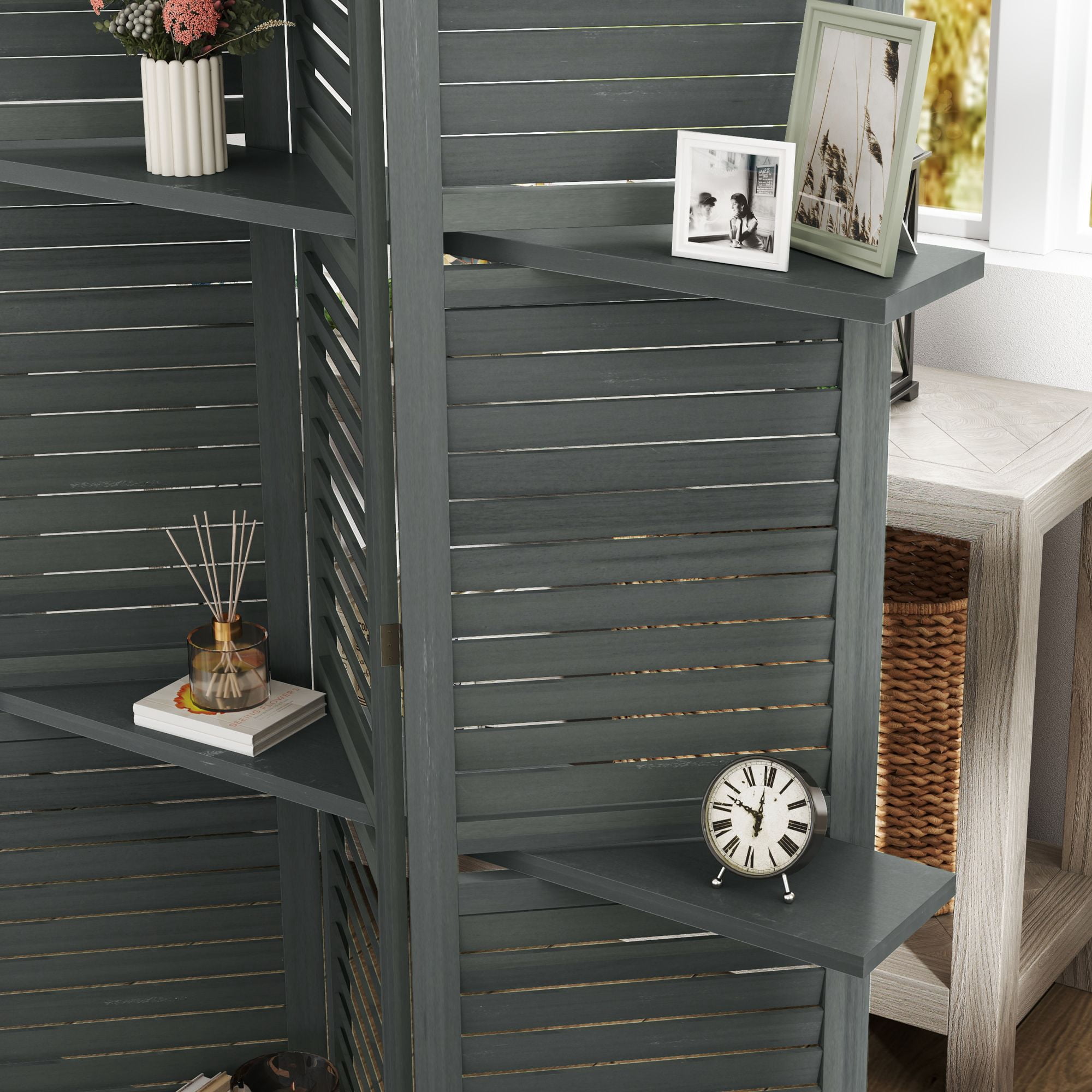 Alvantor 5 Panel Room Divider 67" Wood Privacy Screen with Storage Shelves for Porch Living Room Dorm Gray