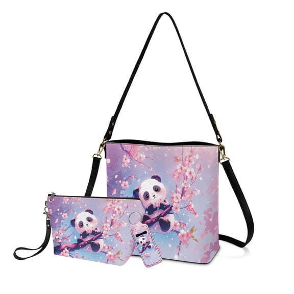 ZUXONGSY Panda Cherry Blossom Print Top-Handle Handbags with Large Capacity Cosmetic Bags and Chapstick Holder for Women Shoulder Bag Set with Cosmetic Pouch Purse Lip Balm Holder