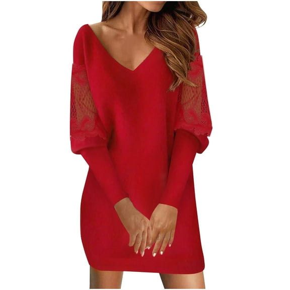 BangWanChi Red Dresses for Women Women's Sexy Solid Long Sleeve V-Neck Lace Splicing Dresses