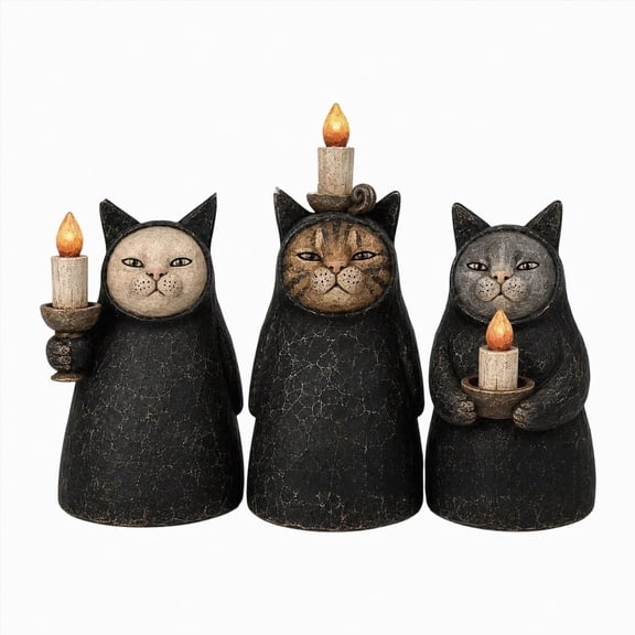 3Pcs Mysterious Hooded Cat Candlelight Figurine, Halloween LED Cat Statue with Flameless Candle Glow, Gothic Vintage Resin Tabletop Decor for Mantel Shelf Home Party Decoration