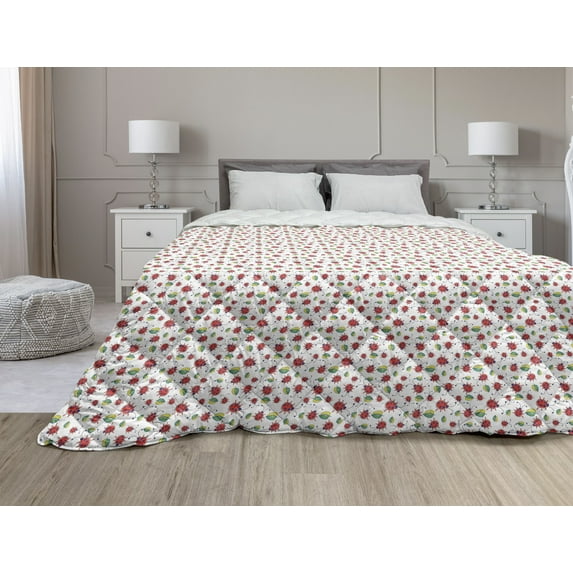 Ladybugs Down Alternative Comforter, Bugs and Flower Pattern Flora and Fauna Design Diagonal Lilacs and Beetle Ornament, Microfiber Quilt for All Season, 5 Sizes, Multicolor, by Ambesonne