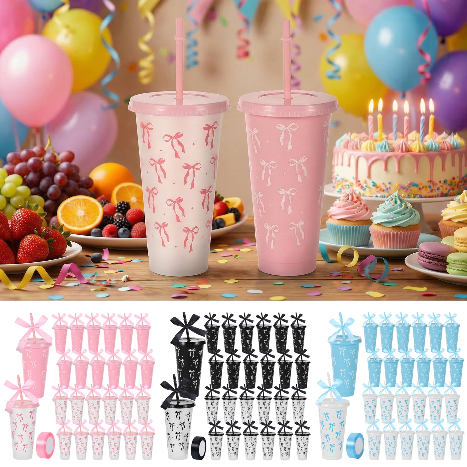 24 Pcs 24oz Bow Plastic Cup with Lid Straw and Ribbon Reusable Tumbler for Birthday Wedding Baby Shower Bridal Party Pink