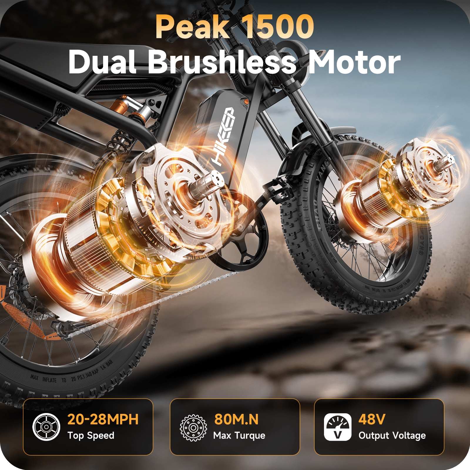 Dual Motor Electric Bike for Adults, 20" Fat Tires Ebike, Dirt Mountain Bike, 48V 15Ah E-bike for Men, UL2849, Black
