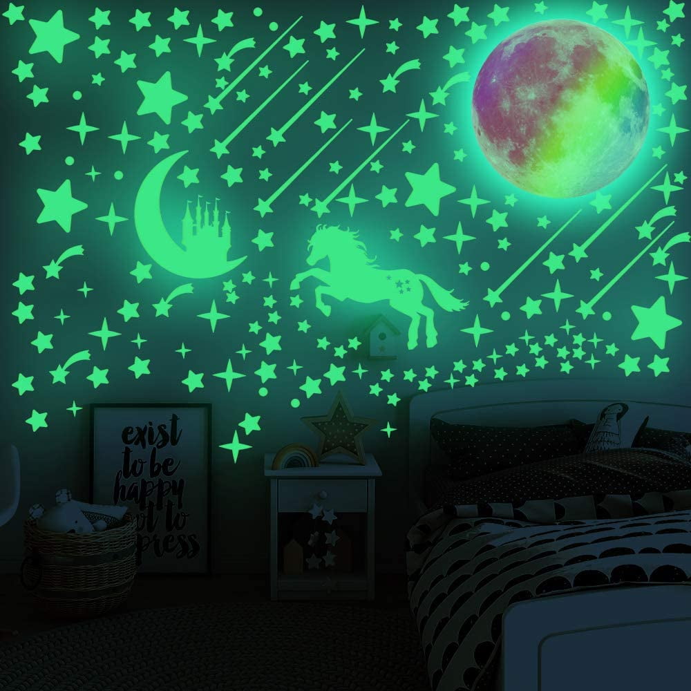 Mounting Stickers Stars & Planets Set Wall or Ceiling Glow in the Dark Moon 