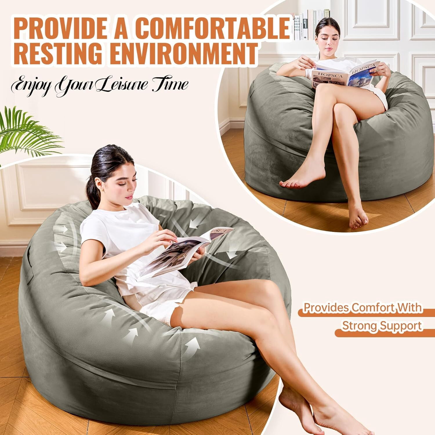 MOOSENG 4FT Bean Bag Chair, Comfy Bean Bag for Adults & Kids, Fluffy Large Bean Bag Sofa with Removable Cover & Side Pocket for Living Room, Gaming, Playroom