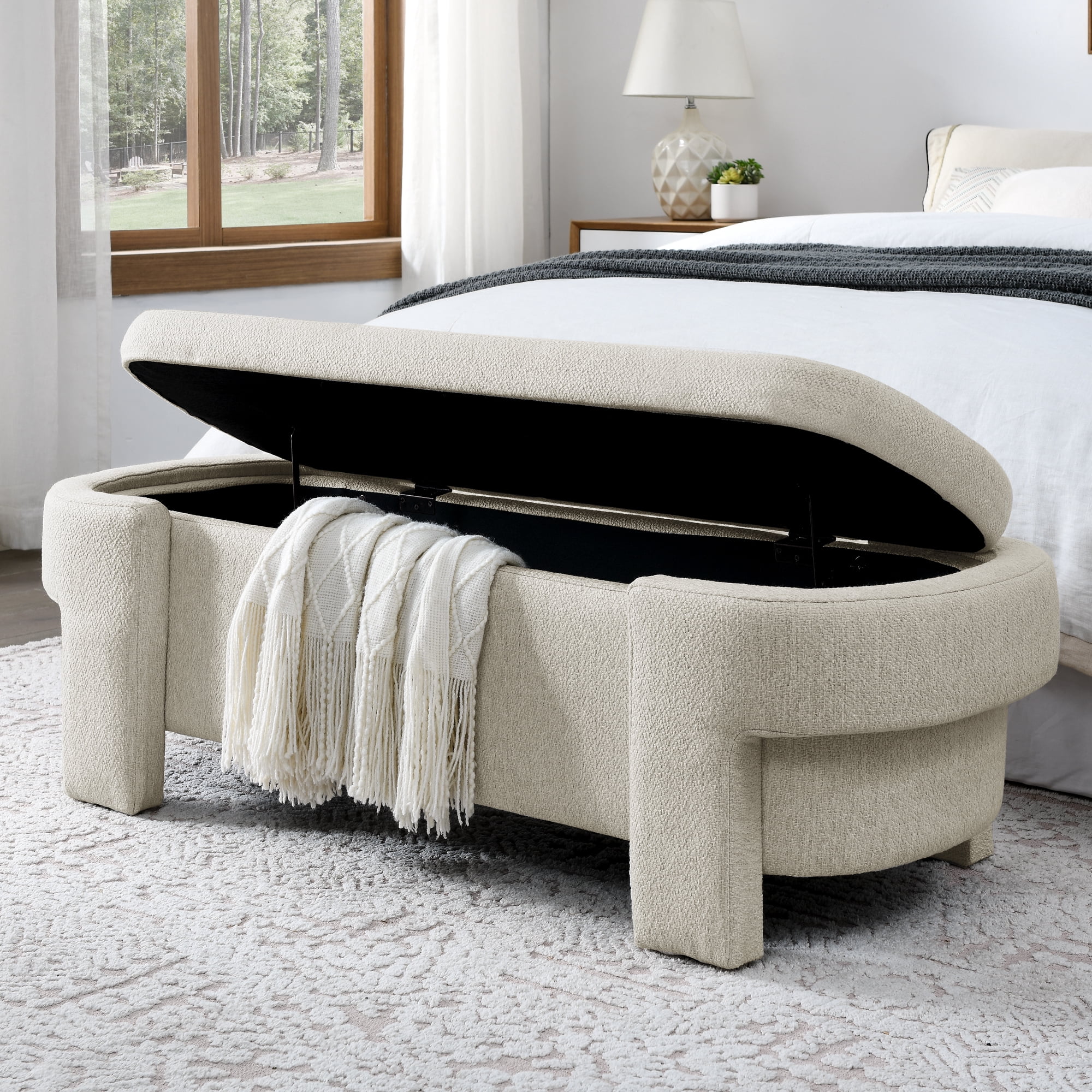 BSHTI Linen Fabric Upholstered Bench with Large Storage Space for the Living Room, Entryway and Bedroom,Beige
