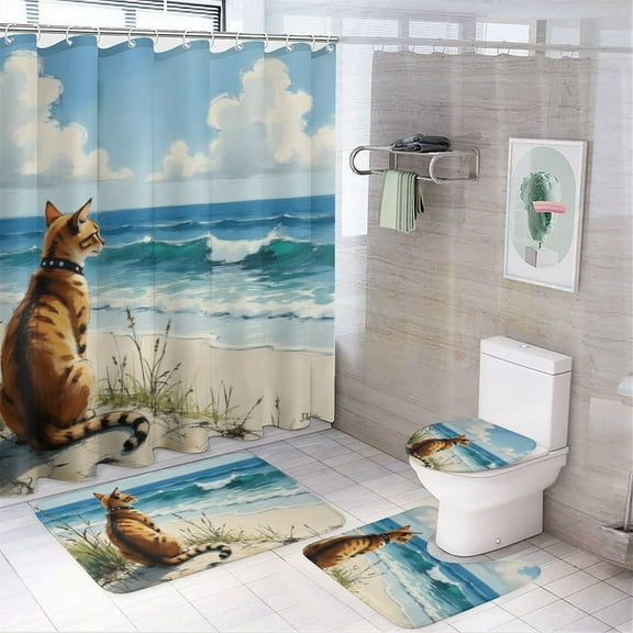 Cute Cat Pattern Shower Curtain 4-Piece Bathroom Decor Set, 72" x 72" Shower Curtain, Toilet Cover Mat, U-Shaped Mat, Non-Slip Floor Mat, 12 Hooks Included