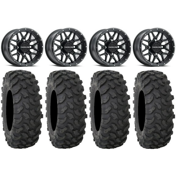 Raceline Krank 14" Black Wheels 28" XTR370 Tires Can-Am Maverick X3 / Honda Pioneer 1000 / Talon