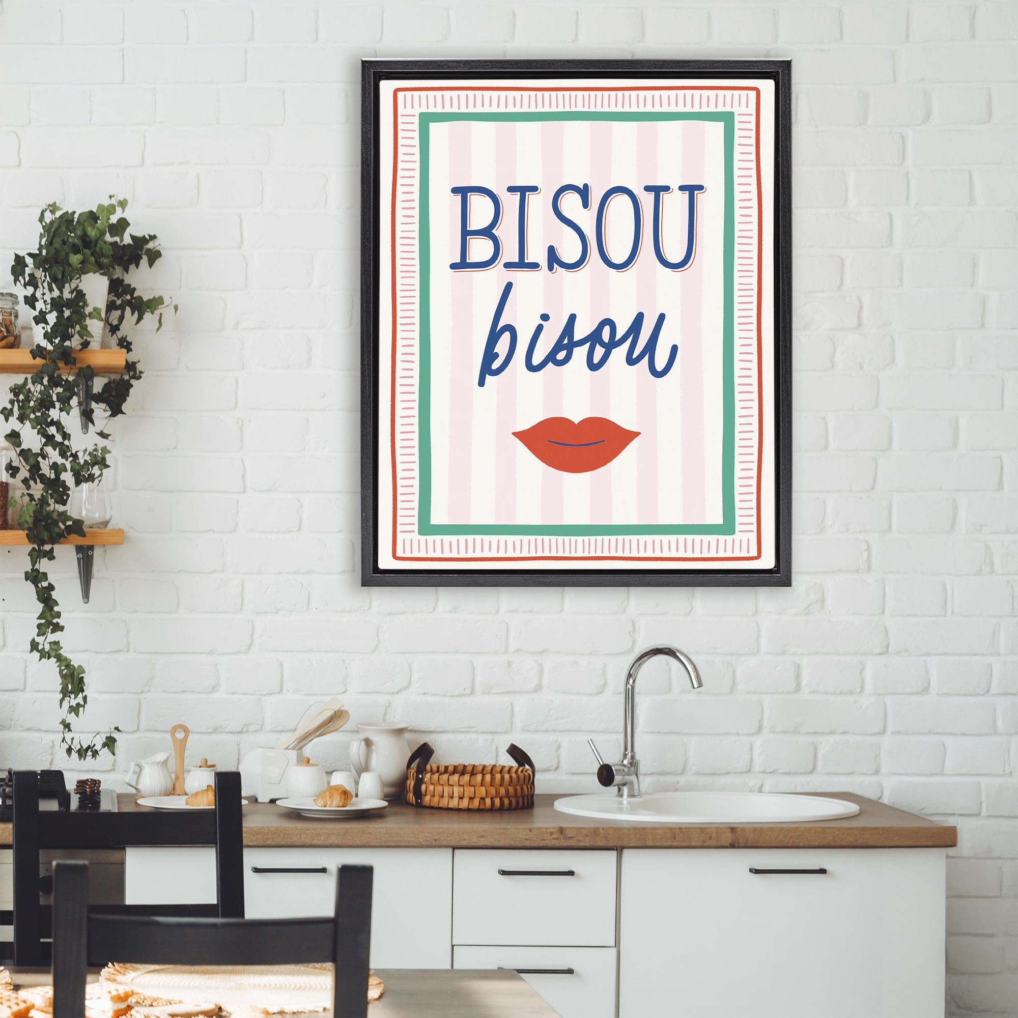 Stupell Industries Bisou Kiss over Stripes Black Framed Floater Canvas Wall Art, design by Jalynn Heerdt