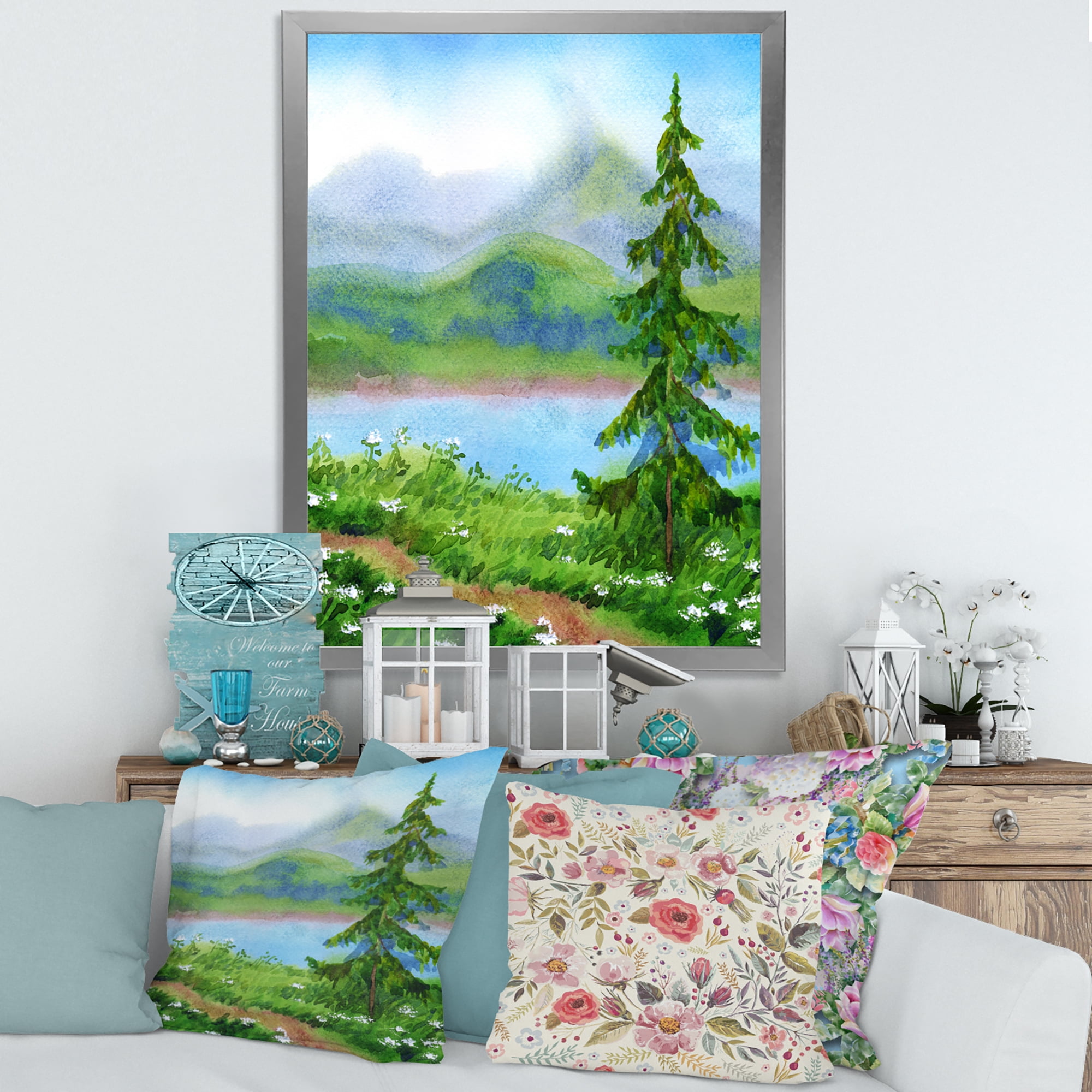 Designart 'Landscape River Spruce Near The Trail On A Hill' Traditional Framed Art Print