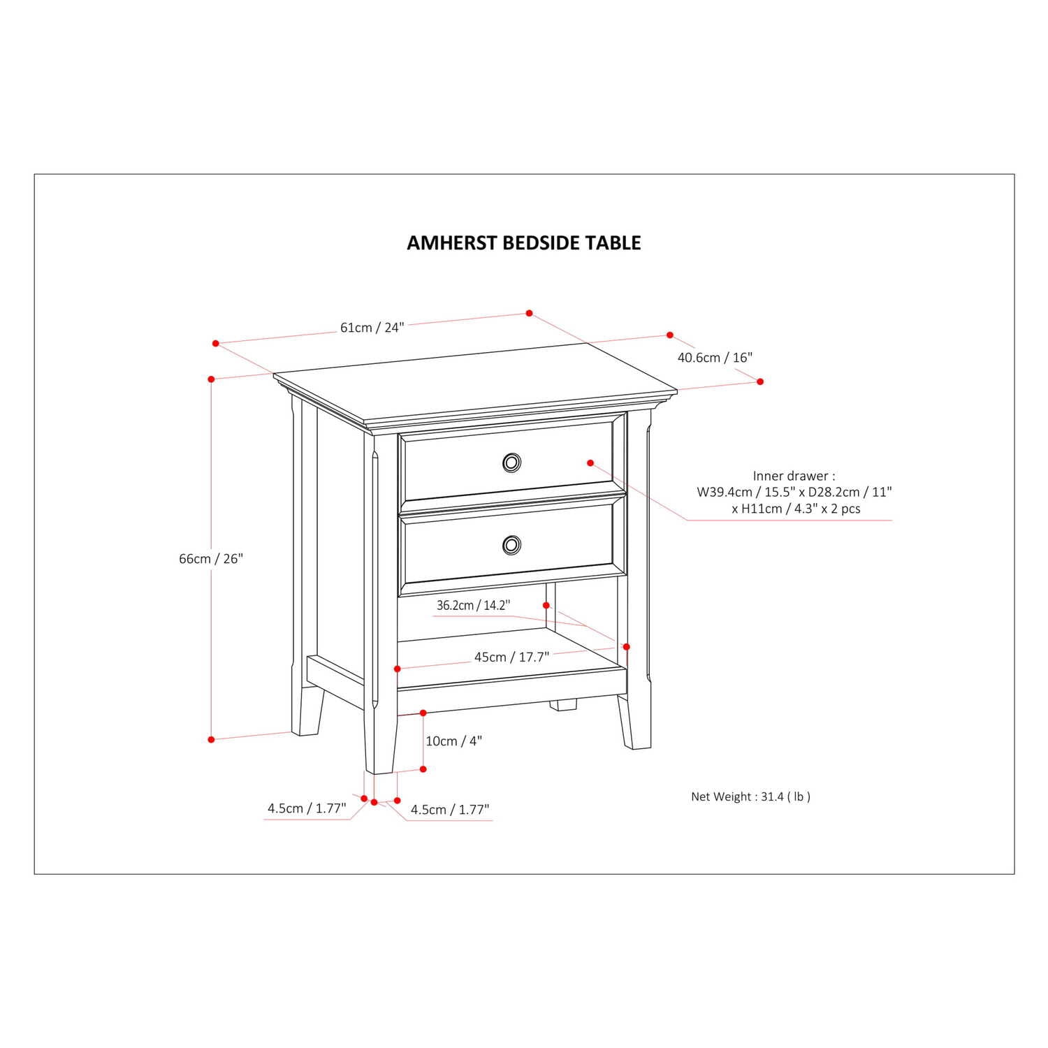 Amherst 24 inch Wide Solid Wood Transitional Bedside Table in Farmhouse Grey