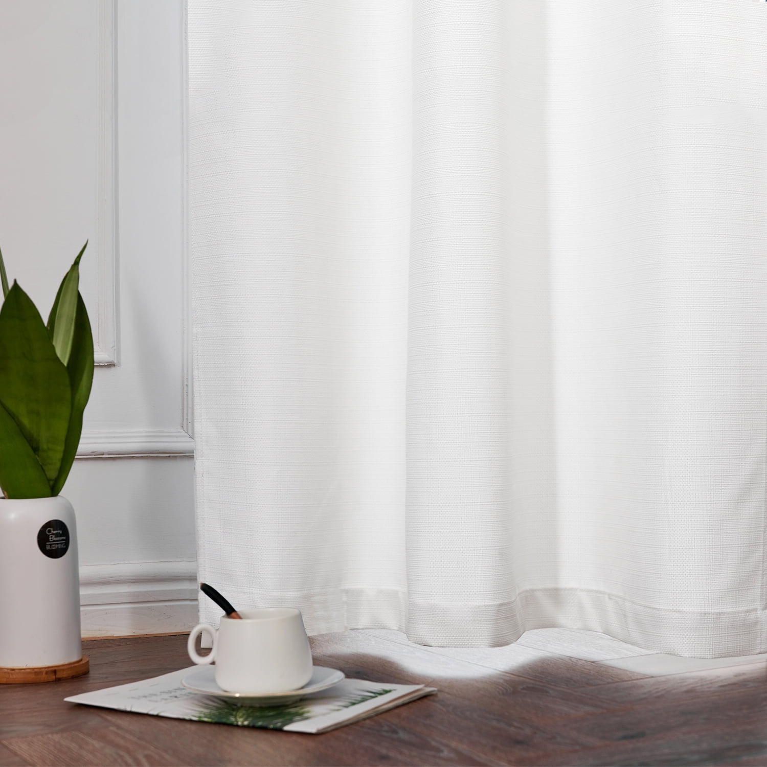 Curtainking White Curtains for Living Room 96 inches Linen Textured Curtains Light Filtering Back Tab Curtains Casual Weave Back Tab Drapes 2 Panels
